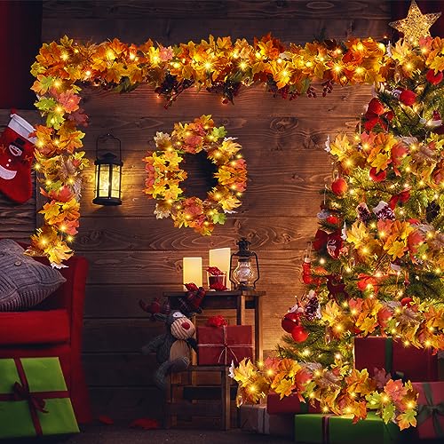 6 Pack Fall Garland with Lights - 5.9Ft Artificial Autumn Leaves Decor with LED String for Indoor Outdoor Halloween Thanksgiving
