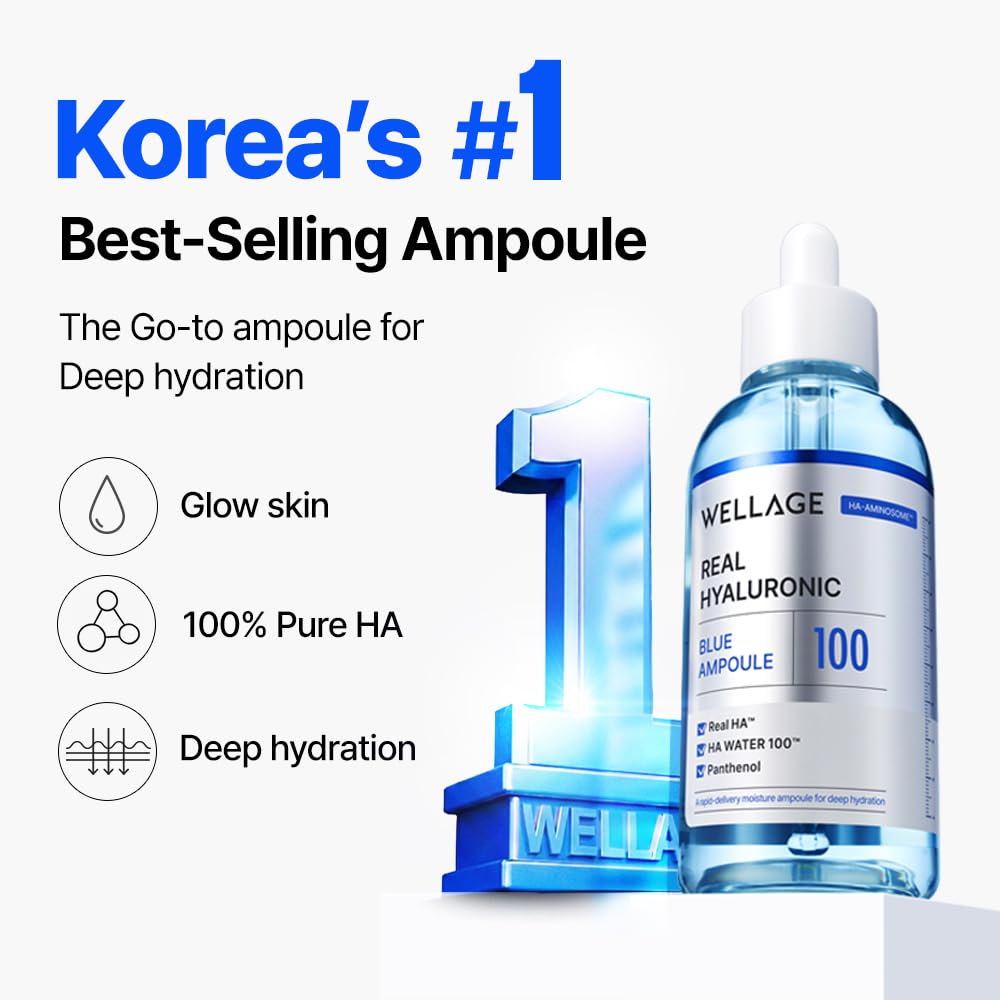 WELLAGE Real Hyaluronic Blue Ampoule 100 - Fragrance-Free Hyaluronic Acid Serum for Sensitive Skin | 1.01 fl. oz.