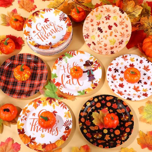 Umigy 120 Pcs Fall Paper Plates 7 Inch Hello Fall Maple Leaves Autumn Harvest Party Orange