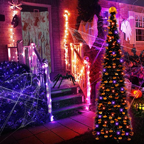6 Ft Black Tinsel Halloween Tree with Lights - Indoor Holiday Decoration