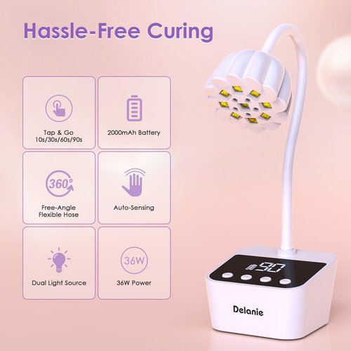 Delanie Cordless UV Nail Lamp, Mini LED UV Light for Gel Nail Polish, Rechargeable LED Nail Light Nail Dryer with 4 Timers & Auto Sensor, Fast Curing Gooseneck Lamp for Home DIY Manicure