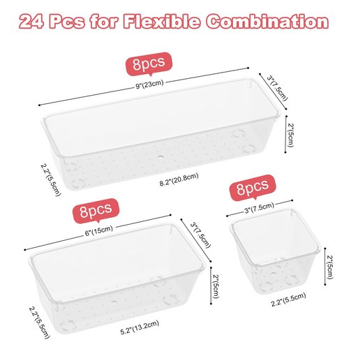 24 PCS Plastic Drawer Organizer Set, Sturdy 3-Size Makeup Vanity Desk Drawer Organizer Trays and Storage Bins for Cosmetics, Junk and Gadgets – Ideal for Bathroom, Bedroom, Office and Kitchen