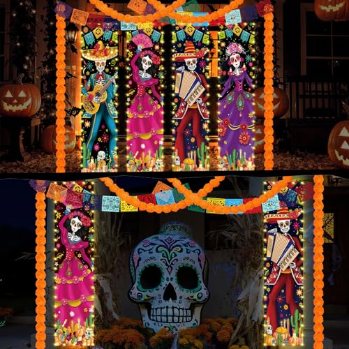 Day of the Dead Decorations Set with LED Banners & Marigolds - Halloween Festival Decor