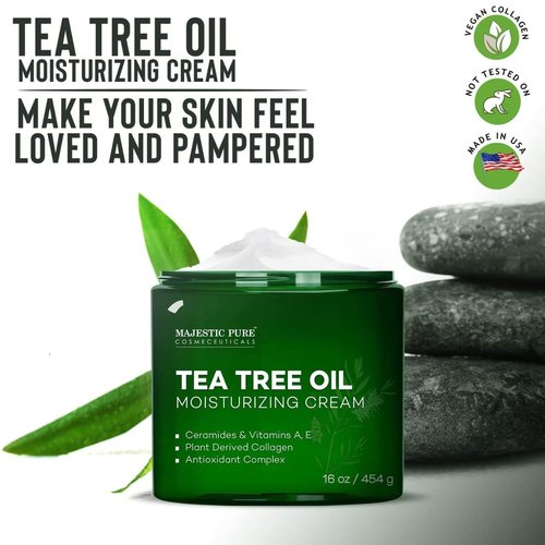 Majestic Pure Tea Tree Oil Moisturizing Cream - Hydrating Body, Foot & Face Lotion - With Ceramides, Vitamins A, E & Vegan Collagen - 16 oz for All Skin Types