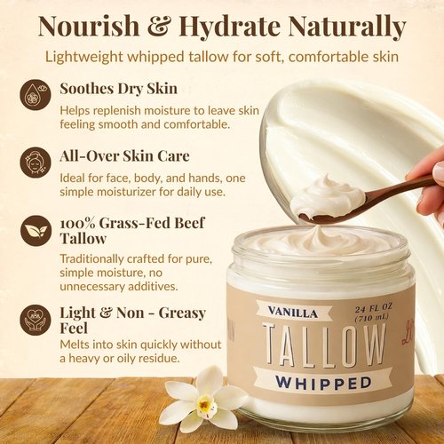 Lady May Tallow Whipped Tallow 24oz - All Natural Face Cream + Whole Body Moisturizer for Dry Skin - Made With Scented Oil Blend - No Preservatives, Parabens or Seed Oils - USA Made (Vanilla)
