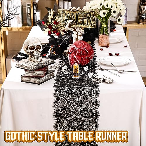 Preboun 12 Pcs Black Lace Table Runners Floral Embroidered 12x120 Inches