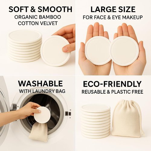 Eco-Friendly Makeup Remover Pads by EcoTools - 12 Bamboo Cotton Rounds with Laundry Bag | Soft, Washable Facial Pads for Sensitive Skin