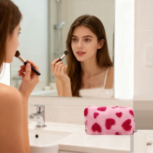 HABUAETY Makeup Bag Small Cosmetic Bags for Purse Women Girls Plush Simple Heart Make Up Pouch