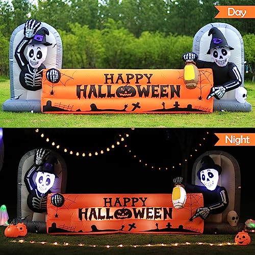 10FT Halloween Inflatable Skeleton Tombstone Banner with LED Lights Yard Decor