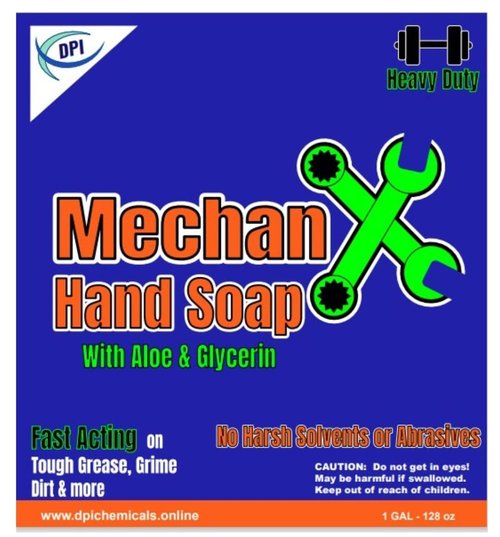 DPI MechanX Hand Soap, heavy duty, non abrasive, fast acting on grease, grime, and dirt. Gentle on hands, non drying or chapping for everyday use.. 1 Gallon with pump