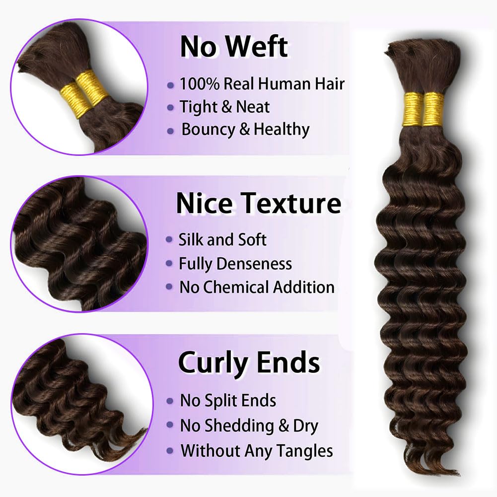 ZFY Human Braiding Hair 100g 22 Inch Deep Wave Bulk Human Hair for Braiding Boho Braids 100% Unprocessed Brazilian Virgin Human Hair Extensions No Weft 2 Bundle/Pack Dark Brown