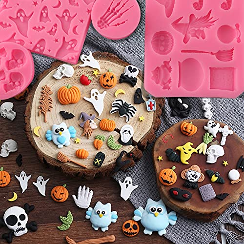 Halloween Silicone Cake & Candy Molds 7-Pack - Skull, Pumpkin, Ghost, Witch, Skeleton Hand, Bat, Spider