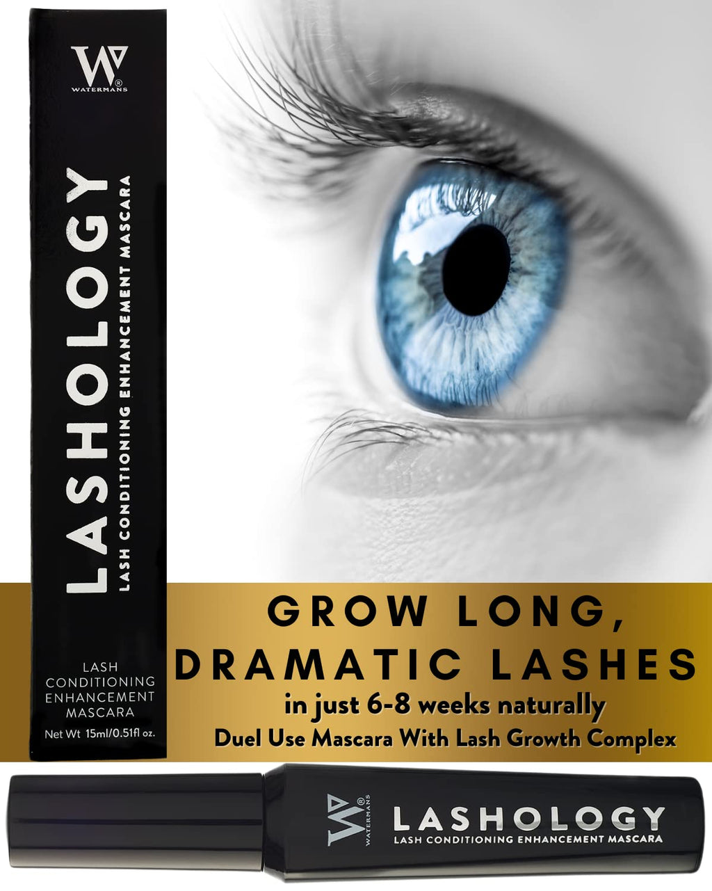 Watermans Lashology Eyelash Growth Mascara - Black Formula for Thicker, Stronger, Fuller Lashes