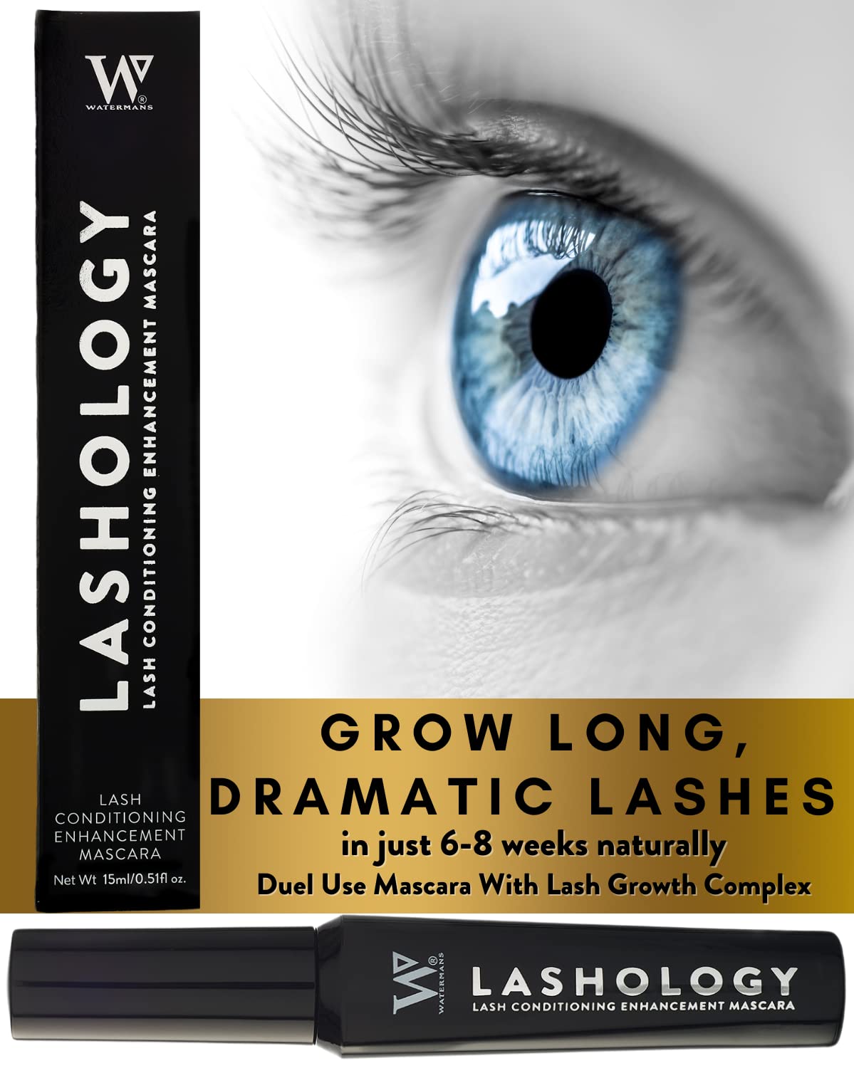 Watermans Lashology Eyelash Growth Mascara - Black Formula for Thicker, Stronger, Fuller Lashes