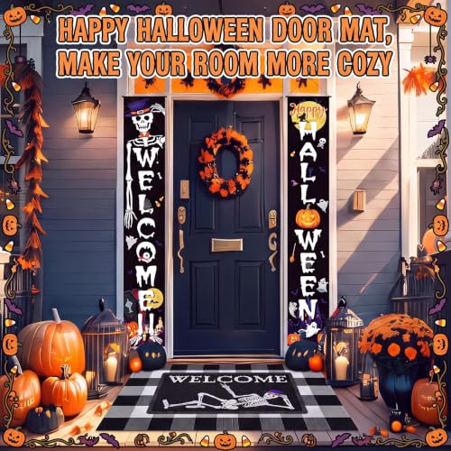 Halloween Welcome Doormat Set with Skeleton Banners and Rug - Fall Porch Decor