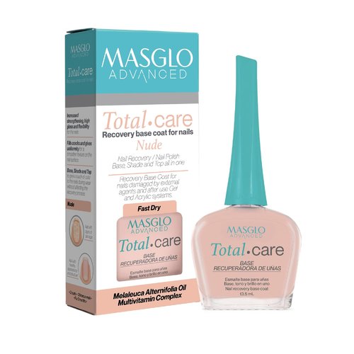MASGLO Advanced Total Care Nail Strengthener – Post Gel Damage Recovery Treatment, 13-Free Vegan Fast-Dry Thickening Repair with Tea Tree Oil & Vitamins, Base Coat, Nude Tone & Shine (3in1)