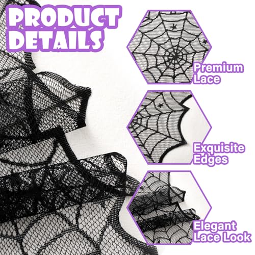 Halloween Table Runner Black Lace Spider Web Decor, 18 x 72 Inches - Spooky Party Tablecloth with Spiders - Windkream