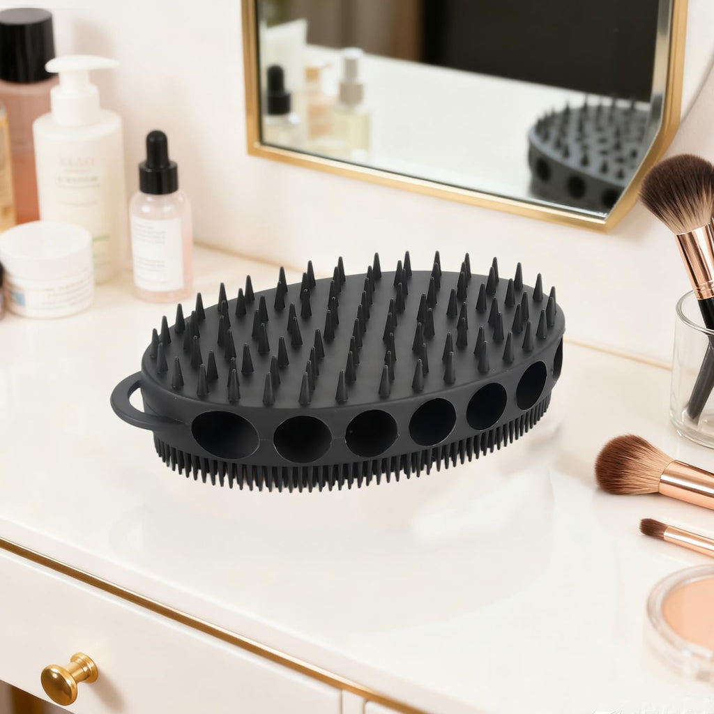 Vinjinsl Silicone Body Scrubber with Double-Sided Bristles, Deep Cleaning Massage Brush, Flexible Design with Hanger Loop for Exfoliating and Scalp Care (Grey)