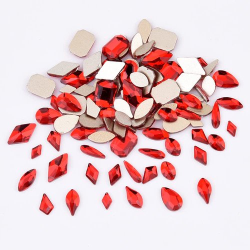 Tisslan 100pcs Glass Red Nail Rhinestones Shapes Mix 720pcs Flat Back Crystal Gem Stones Nail Decoration Charms Bulk Pack Supply