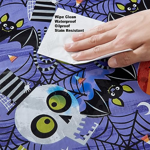 Ghoulish Gang Halloween Vinyl Tablecloth 84x60 Inch with Flannel Backing - Fun Skull Pumpkin Design