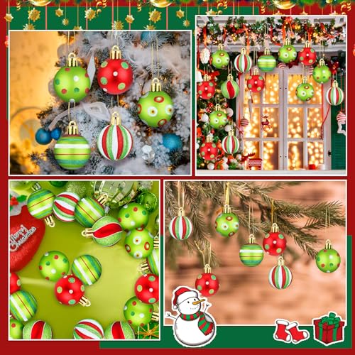 24 Pcs Christmas Ball Ornaments - Lime Green & Red Polka Dots & Stripes, 2.36 Inch Holiday Decorations with Ropes - Variation of 24