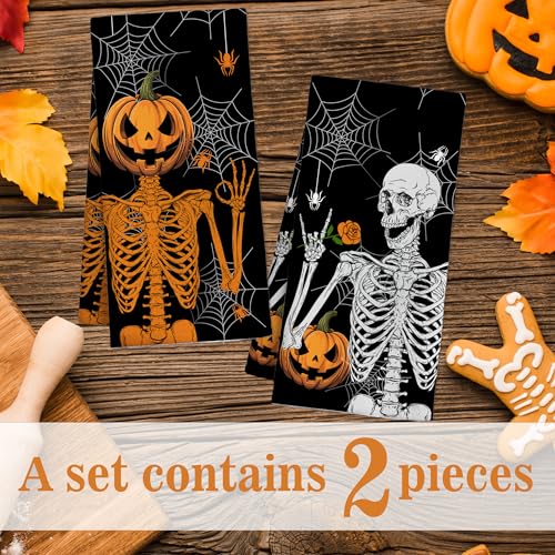 Halloween Kitchen Towel Set - Pumpkin Skeleton Hand Spider Web Black 3