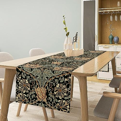 William Morris Table Runner 13x70 Inch Boho Rustic Ethnic Floral Design - Natural Cotton Linen
