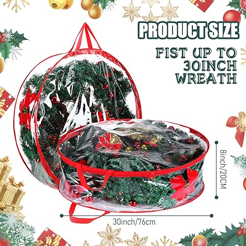 Christmas Wreath Storage Bags - 30 Inch Clear & Red, 6 Pieces with Dual Zippers & Handles