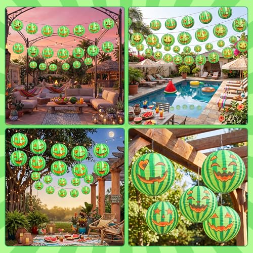 Watermelon Paper Lanterns Set - 16 Summer Halloween Party Decorations