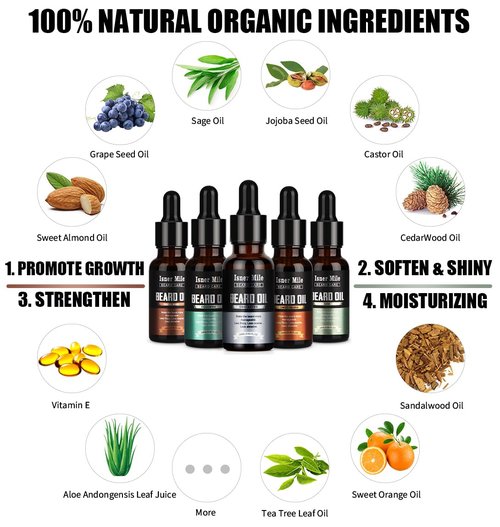 ISNER MILE Beard Oil Kit - 5 Pack with Sandalwood, Orange, Cedarwood & Sage | Perfect Gift for Men