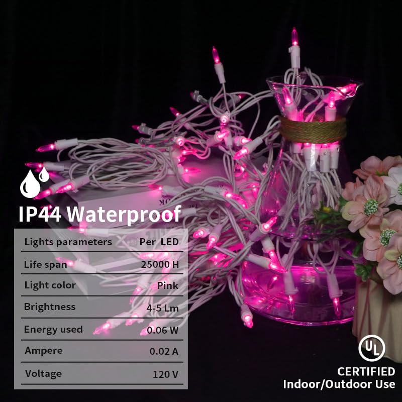 Pink Christmas LED String Lights - 2 Pack, 100 LEDs, 33ft, Connectable Indoor Outdoor Valentine's Day Decorations, White Wire Variation of White Wire-Pink / 33ft 100ct-2Pack