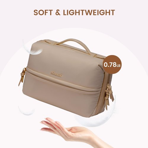 LOVEVOOK Travel Toiletry Bag With Hanging Hook for Women, Puffy Cosmetic Makeup Bag Organizer with Vegan Leather Handle for Accessories, Essentials, Toiletries, Khaki