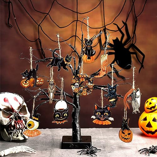 Halloween Tree Ornaments Set - Wooden Pumpkin Skull Cat Decorations, 36 Pcs
