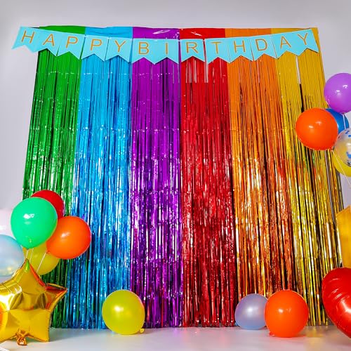 Rainbow Foil Fringe Curtains 2 Pack - Birthday Party Decorations 3.3x6.6 ft
