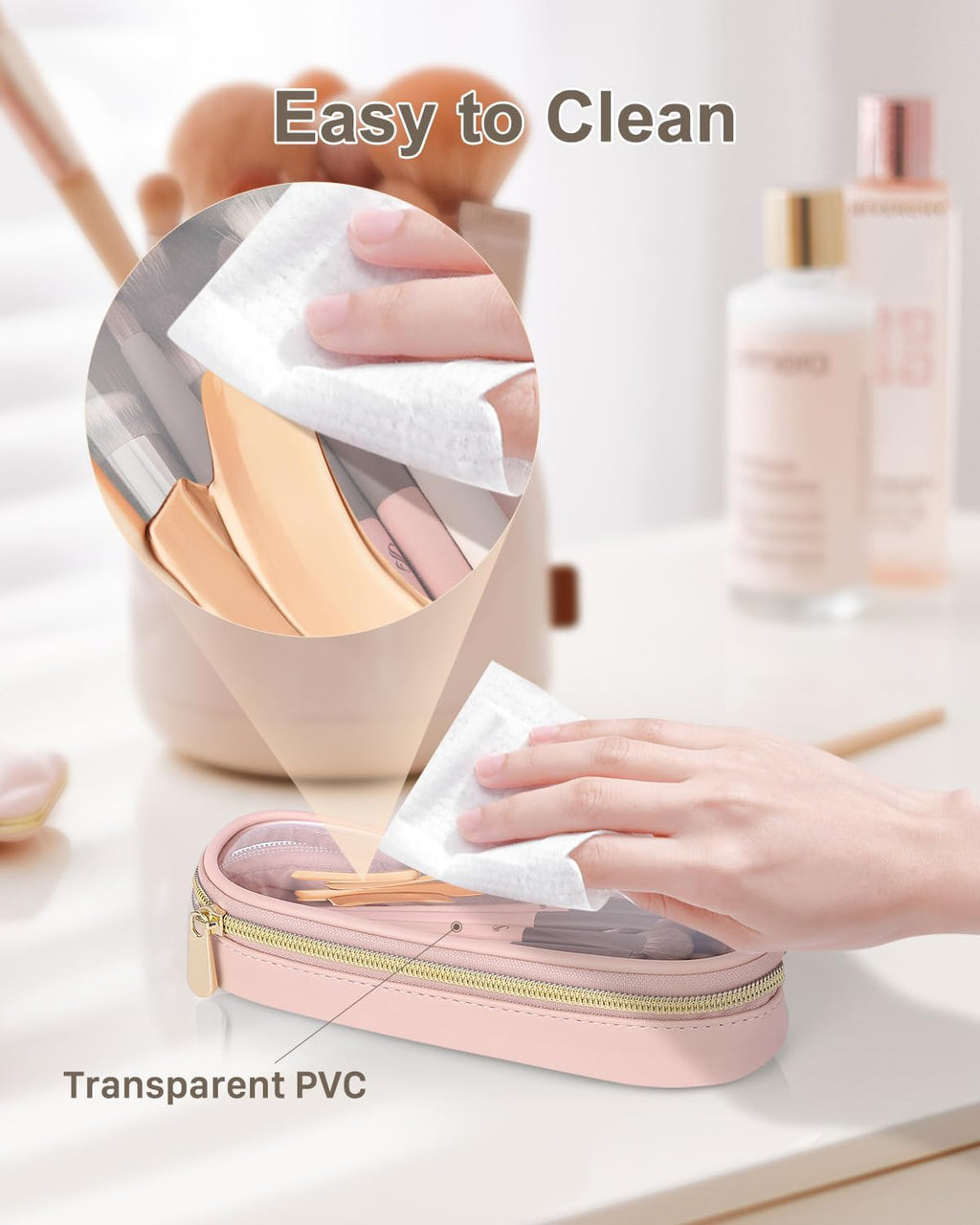 Soimeat Clear Travel Makeup Brush Holder - Waterproof Leather Cosmetic Case | Large Pink Design
