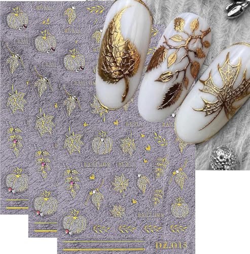 Fall Nail Stickers Gold Pumpkins Maple Leaf Decals 3PCS Halloween Nail Art - Variation 02
