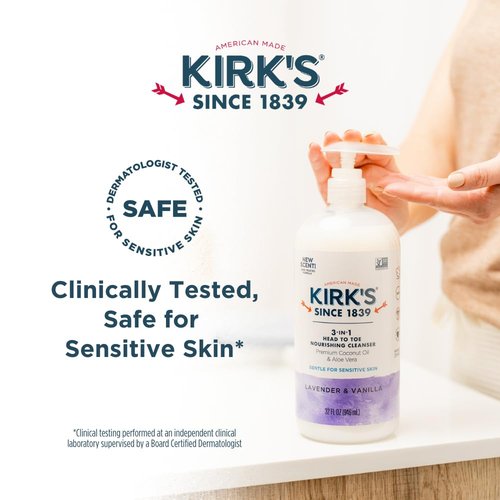 Kirk's 3-in-1 Head to Toe Nourishing Liquid Cleanser- for Men, Women & Children - Premium Coconut Oil & Aloe Vera- Non GMO & Vegan - Lavender and Vanilla - 32 Fl Oz.