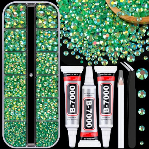 Flatback Rhinestones for Crafts & Jewelry Making - Dark Green AB, 1 Box with Glue