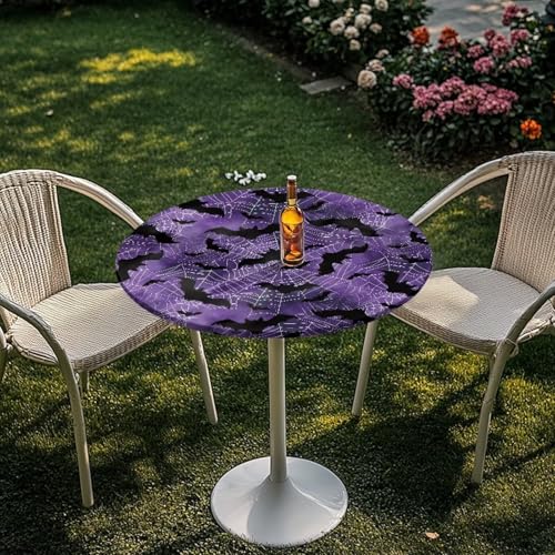 Round Cocktail Table Cover 24 Inch with Elastic Edge - Bat Spider Web Print Violet, Party Decor