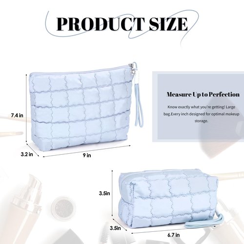 Richeart Makeup Bag Travel Toiletry Bag - Checkered Down Cotton Makeup Pouch for Women with Cosmetic and Pencil, Aesthetic Light blue Design, Small