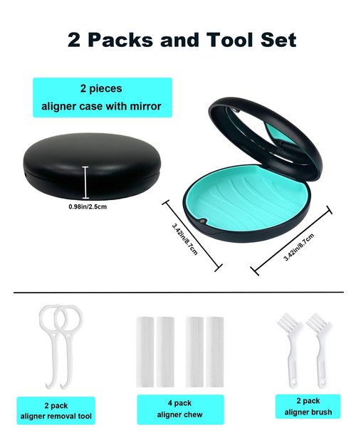 ACSKD 2 Pack Retainer Case with Mirror Kits, Aligner Case Compatible with Invisalign, Slim Night Guard Cases with Aligner Removal Tool, Brush and Chew, Black(Blue+Cyan Silicone)