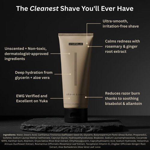 HygieneLab Shaving Cream, Yuka Rated 100/100 – Fragrance-Free, Non-Toxic Formula with Aloe Vera & Shea Butter, Hydrating for Sensitive Skin, Helps Reduce Razor Burn (6.76 oz)