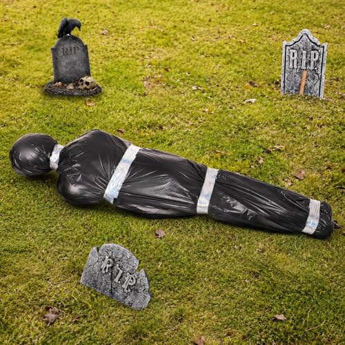 Black 5ft Hanging Corpse Dummy Prop for Halloween Decorations - Creepy Crime Scene Inflatable Body with Accessories