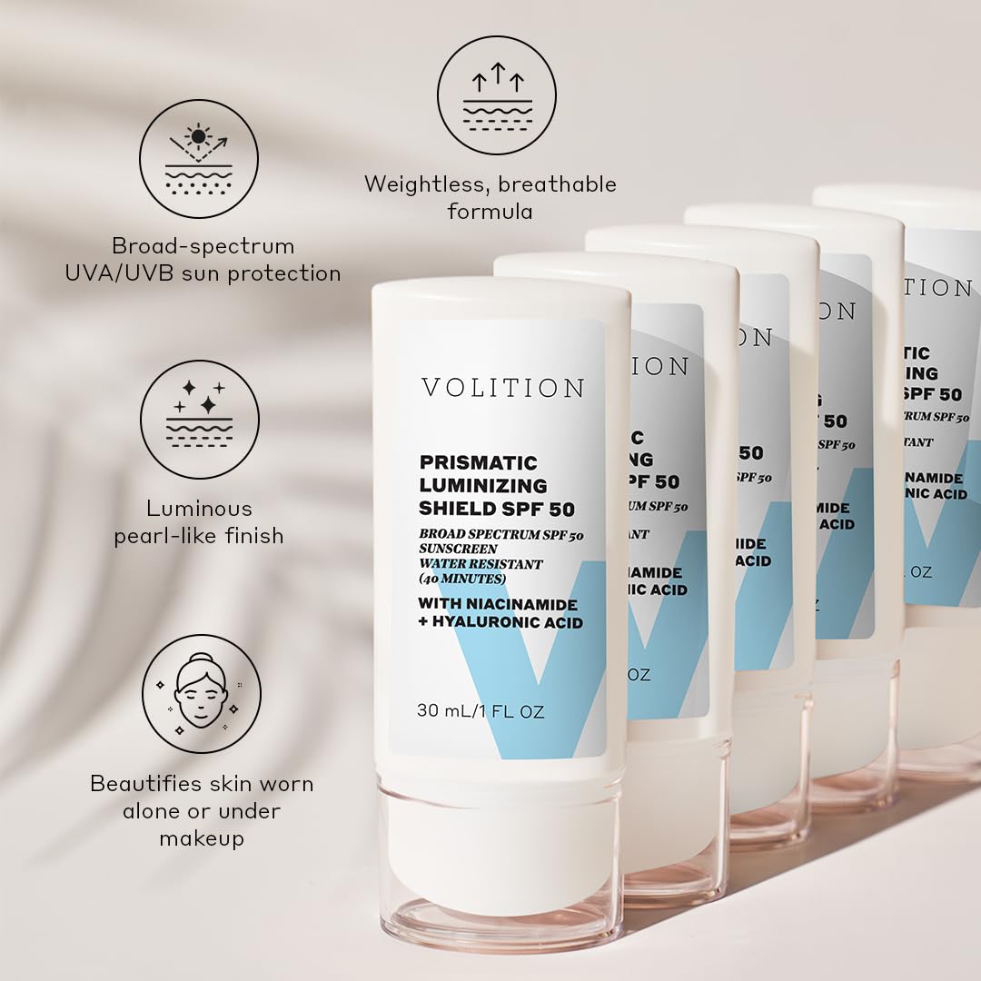 Volition Beauty Prismatic Luminizing Shield SPF 50 - Reef-Safe Mineral Sunscreen with Niacinamide & Hyaluronic Acid | Lightweight Moisturizer for Glowing Skin