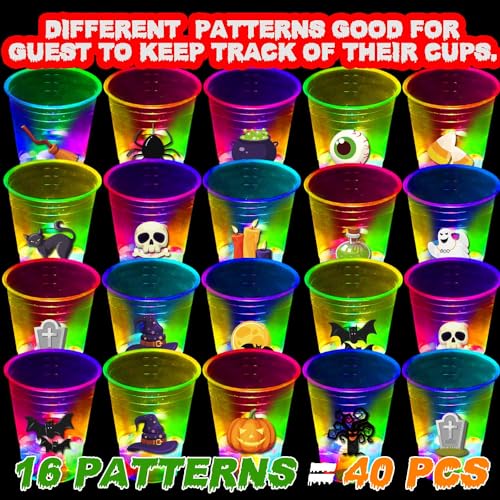 40 Pcs Glow in The Dark Halloween Party Cups - Pumpkin Bat Ghost Theme, 16oz Plastic Drinkware with LEDs & Stickers - Mishunyus