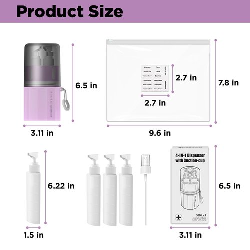 TechoEcho 4 in 1 Travel Toiletry Containers,TSA Approved Refillable Travel Size Toiletries Bottles Set with Suction Cup for Smooth Walls - for Shampoo,Conditioner,Body Wash,Lotion.(Pink)