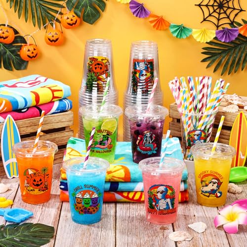 120 Set Summer Halloween Cups Lids Straws 16 oz Disposable Plastic Party Supplies