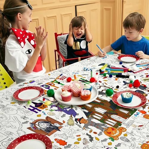 Halloween Coloring Tablecloth Giant Poster with Haunted Castle Pumpkins Bats Ghosts - Halloween-2
