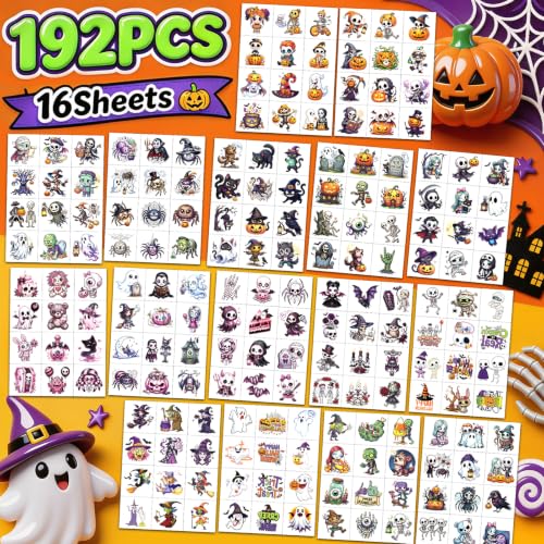 Halloween Pre-Cut Temporary Tattoos for Kids - 192 Designs, 16 Sheets