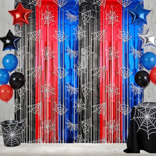 Spider Web Tinsel Fringe Curtains Set - Red Black Blue Metallic Party Backdrop & Photo Props